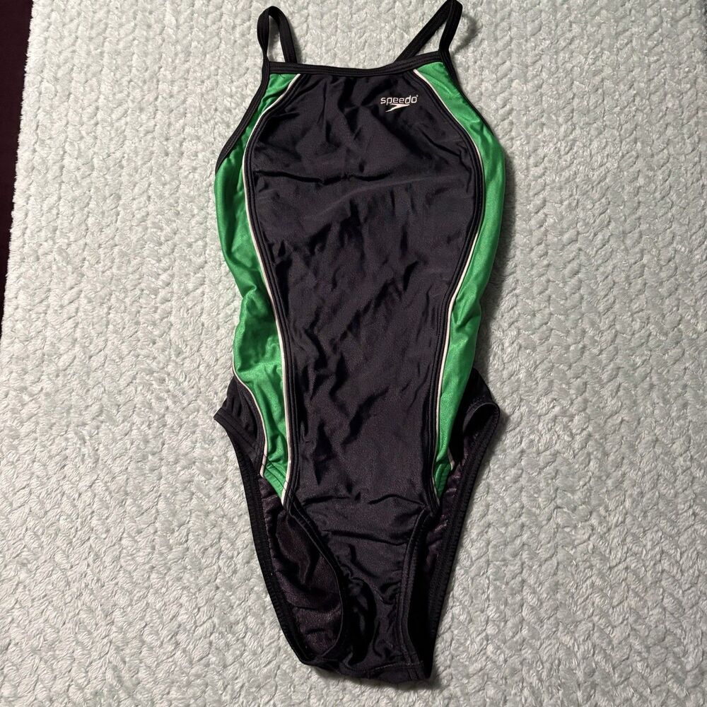 Speedo Endurance+ Youth Swimsuit Size 24 Girls One Piece Black Green Training